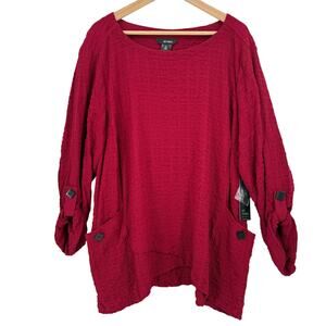 Ali Miles Dark Red Textured Tunic Top Plus Sz 2X  Buttons Art To Wear Lagenlook